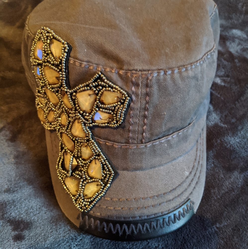 Women's Embellished Cross Military Cap - Brown